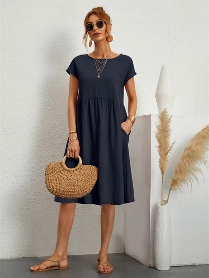 Ladies Casual Midi Dress with Round Neck and Short Sleeves with Pockets