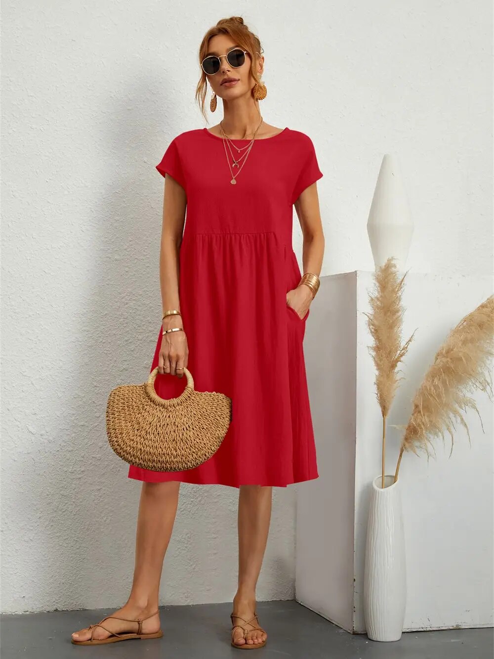 Ladies Casual Midi Dress with Round Neck and Short Sleeves with Pocket –  verodimoda