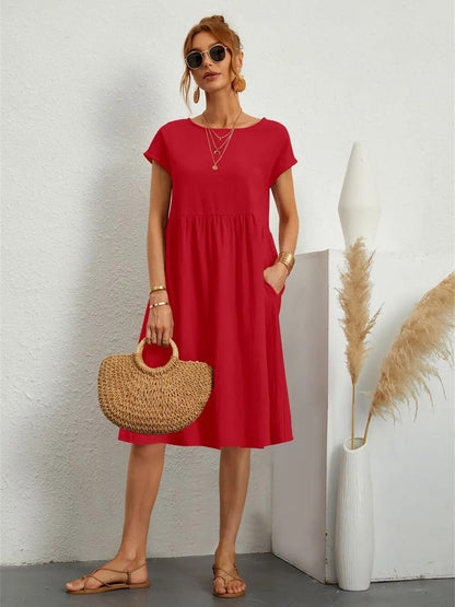 Ladies Casual Midi Dress with Round Neck and Short Sleeves with Pockets