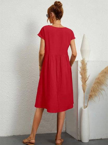 Ladies Casual Midi Dress with Round Neck and Short Sleeves with Pockets