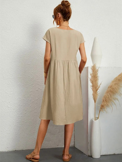 Ladies Casual Midi Dress with Round Neck and Short Sleeves with Pockets