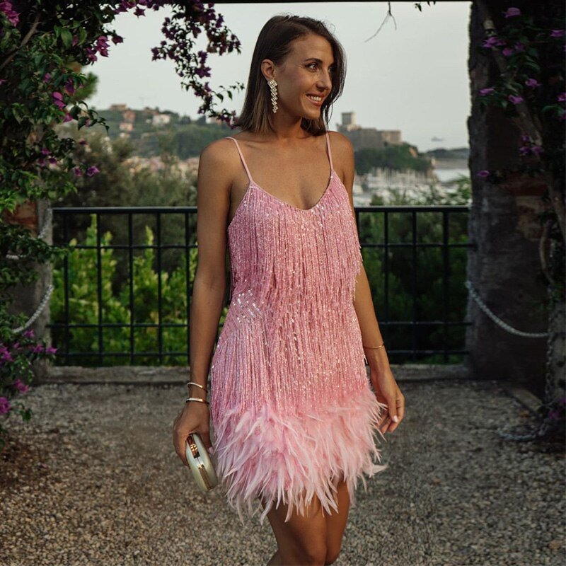 Ladies' Cocktail Dress with Sequins and Feather Trim