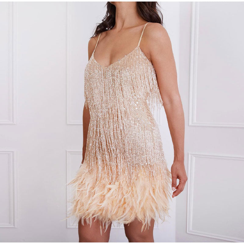 Ladies' Cocktail Dress with Sequins and Feather Trim