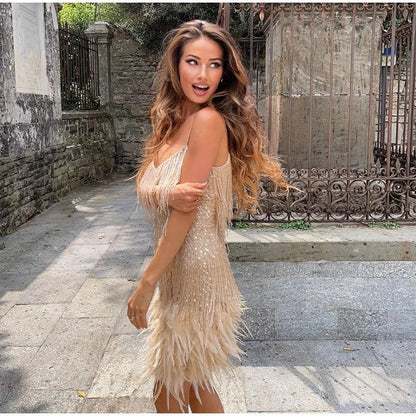 Ladies' Cocktail Dress with Sequins and Feather Trim