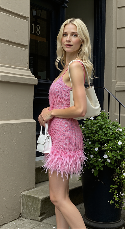 Ladies' Cocktail Dress with Sequins and Feather Trim