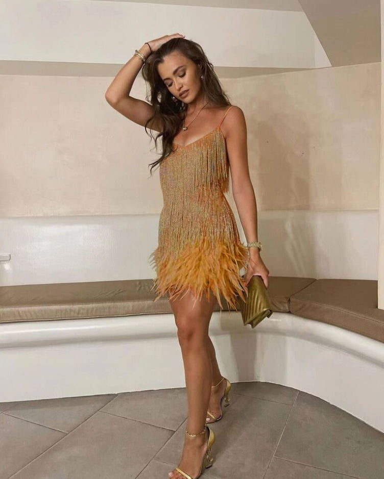 Ladies' Cocktail Dress with Sequins and Feather Trim