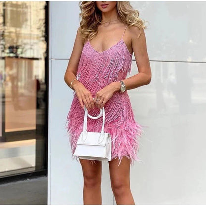 Ladies' Cocktail Dress with Sequins and Feather Trim