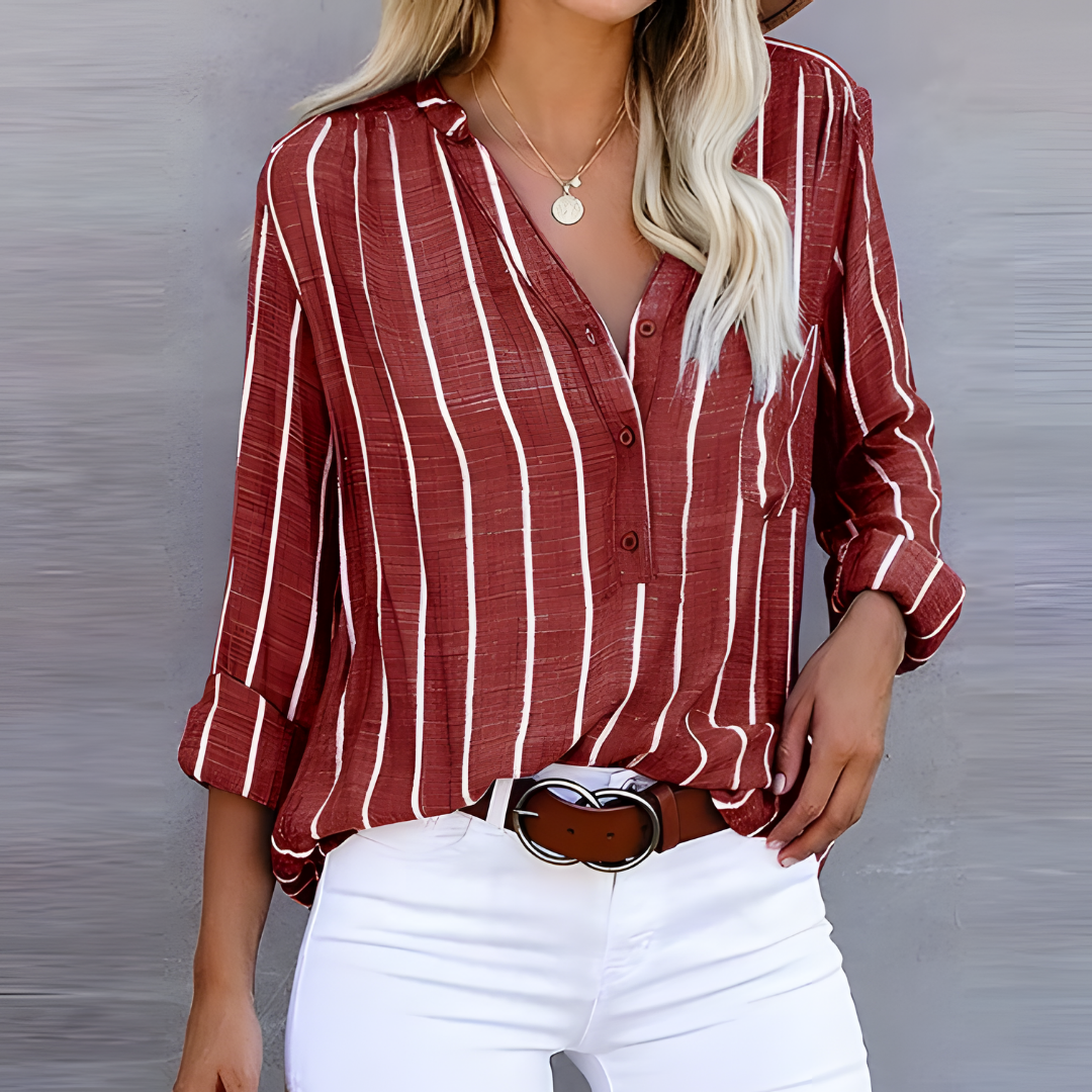 Ladies Striped Blouse with V-neck and Button Detail
