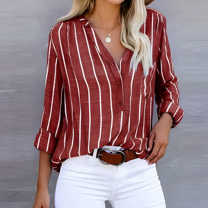 Ladies Striped Blouse with V-neck and Button Detail