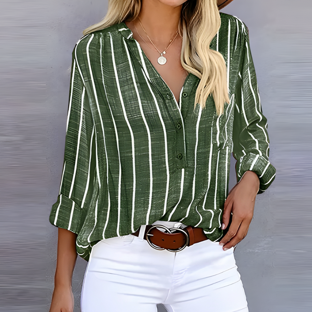 Ladies Striped Blouse with V-neck and Button Detail