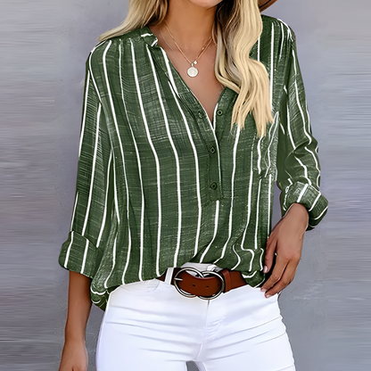 Ladies Striped Blouse with V-neck and Button Detail