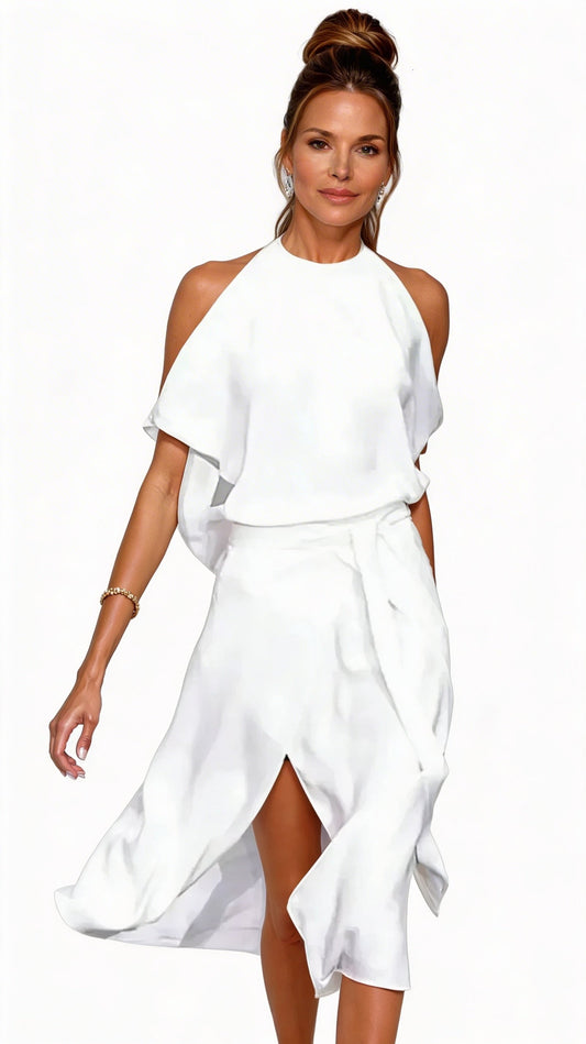 Ladies Halter Midi Dress with Open Shoulders and Asymmetrical Hem