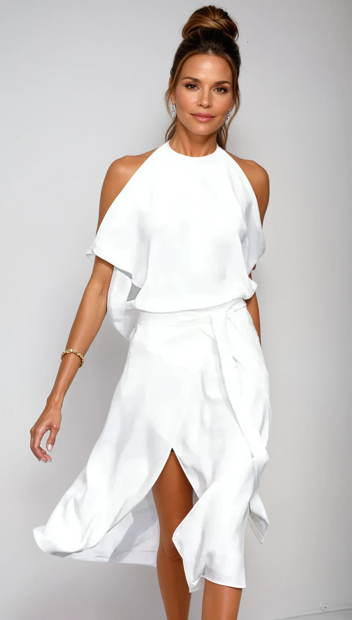 Ladies Halter Midi Dress with Open Shoulders and Asymmetrical Hem