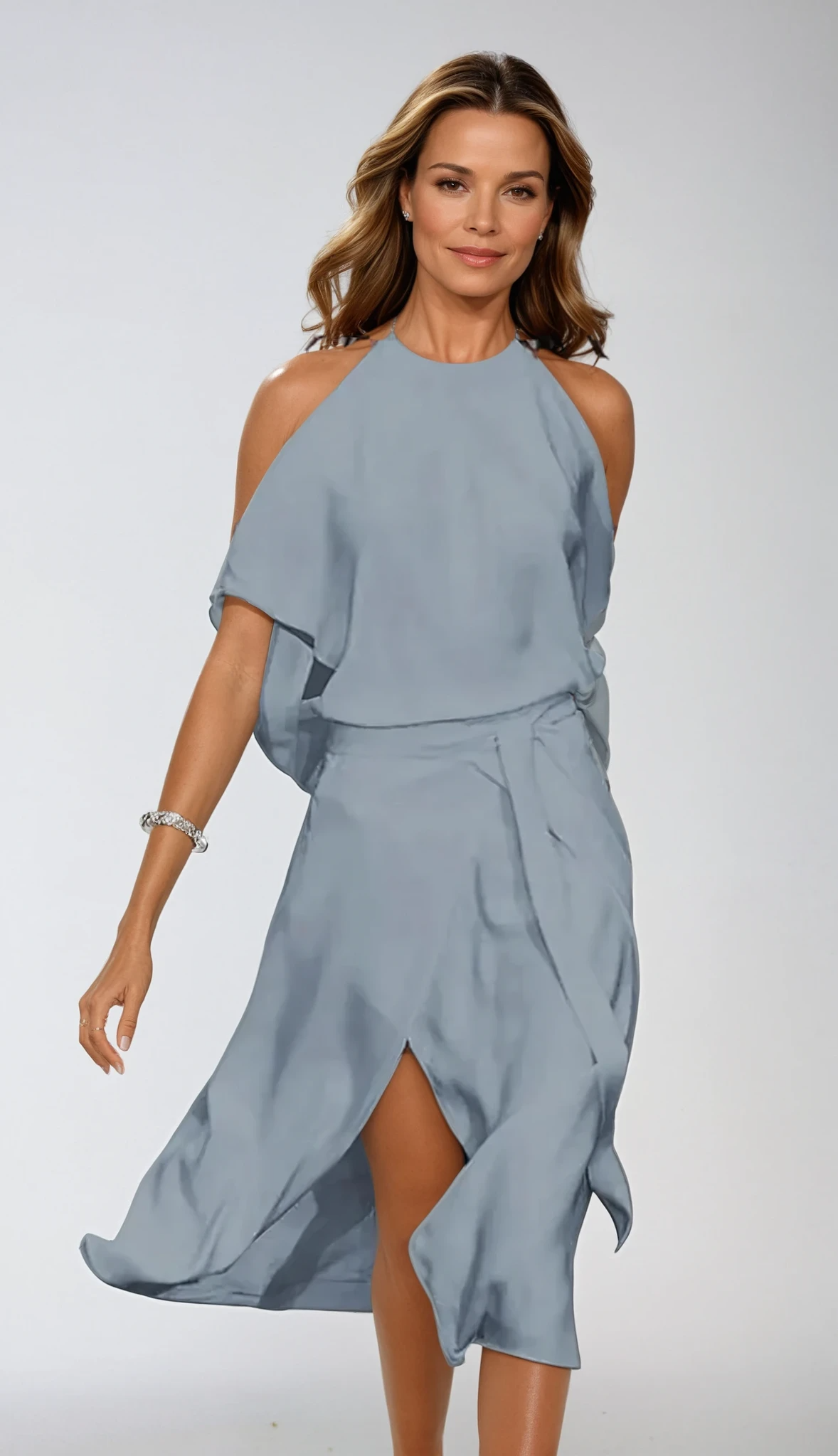 Ladies Halter Midi Dress with Open Shoulders and Asymmetrical Hem
