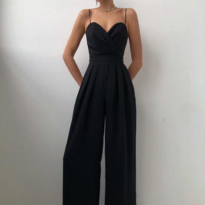 Ladies' Sleeveless Jumpsuit with Spaghetti Straps and Wide Legs