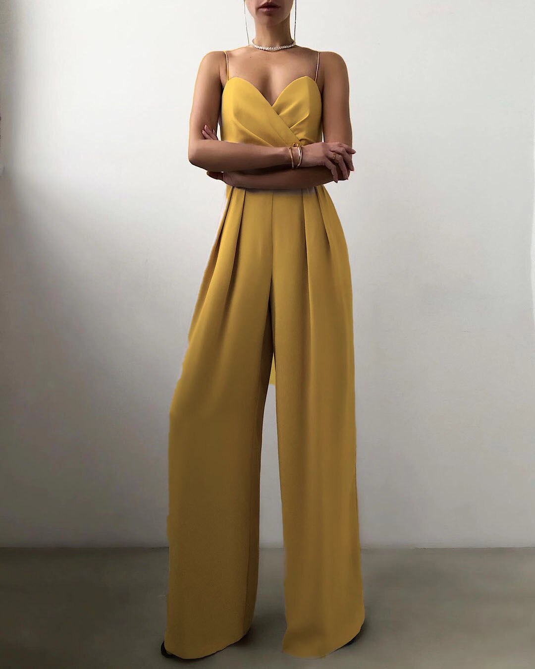 Ladies' Sleeveless Jumpsuit with Spaghetti Straps and Wide Legs