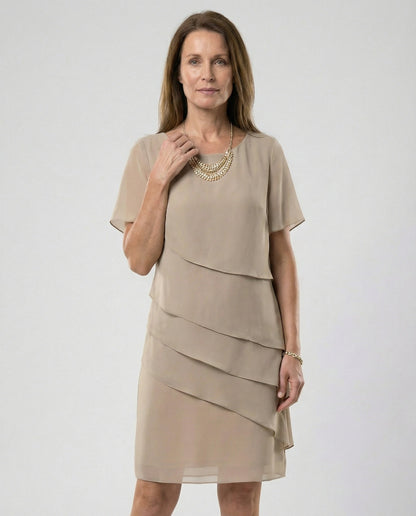 Ladies Knee-Length Dress with Short Sleeves and Layered Design