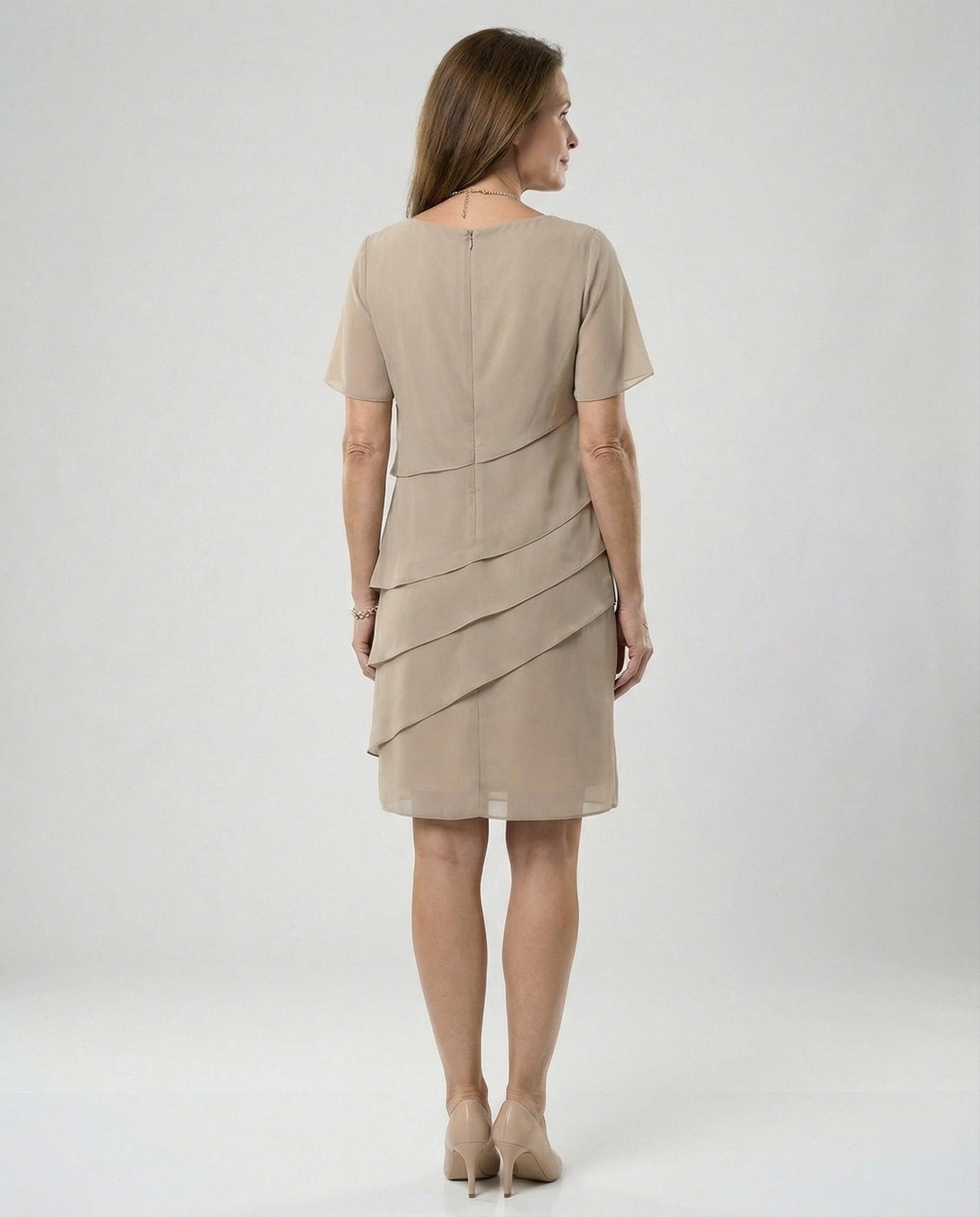 Ladies Knee-Length Dress with Short Sleeves and Layered Design
