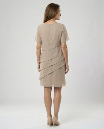Ladies Knee-Length Dress with Short Sleeves and Layered Design