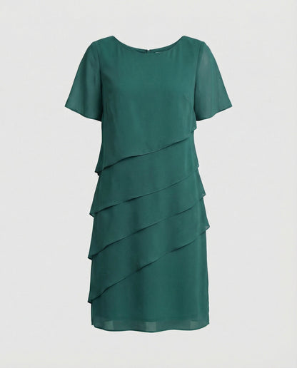 Ladies Knee-Length Dress with Short Sleeves and Layered Design
