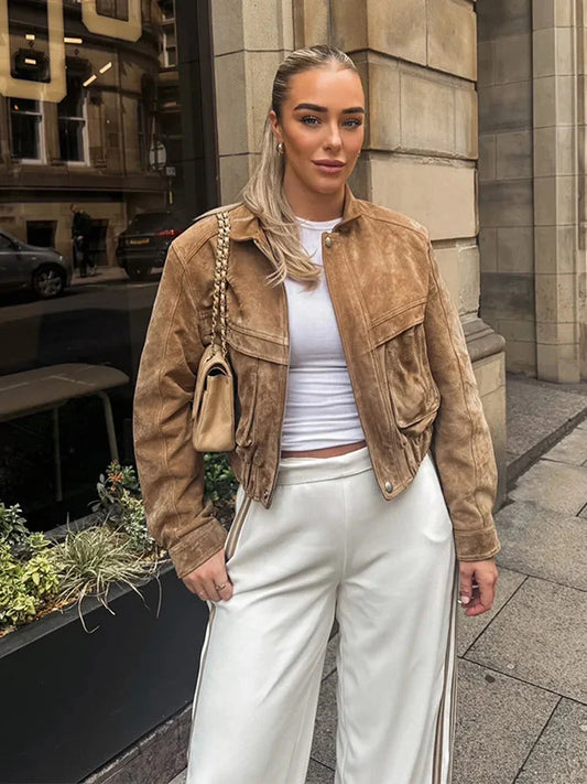 Ladies' Short Oversized Jacket with Zip Pockets and Vintage Look