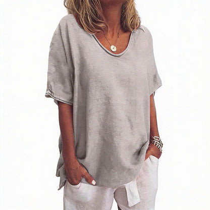 Women's Loose Blouse with V-Neck and Short Sleeves Oversized