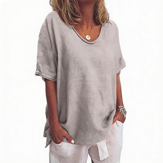 Women's Loose Blouse with V-Neck and Short Sleeves Oversized
