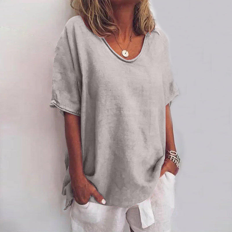 Women's Loose Blouse with V-Neck and Short Sleeves Oversized