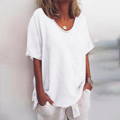 Women's Loose Blouse with V-Neck and Short Sleeves Oversized