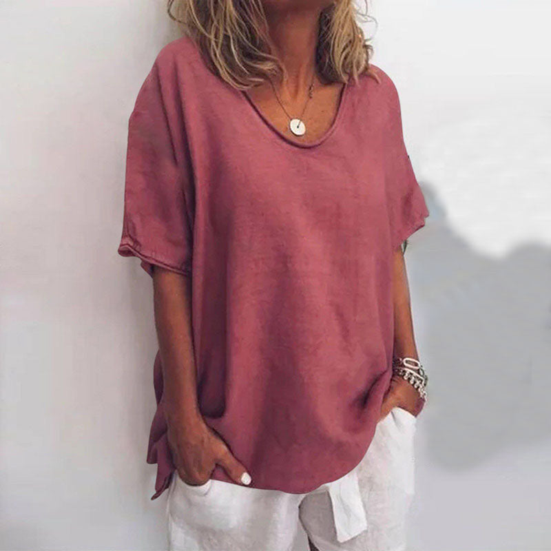 Women's Loose Blouse with V-Neck and Short Sleeves Oversized