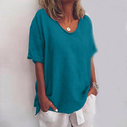 Women's Loose Blouse with V-Neck and Short Sleeves Oversized