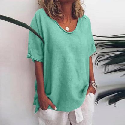 Women's Loose Blouse with V-Neck and Short Sleeves Oversized