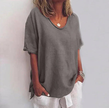 Women's Loose Blouse with V-Neck and Short Sleeves Oversized
