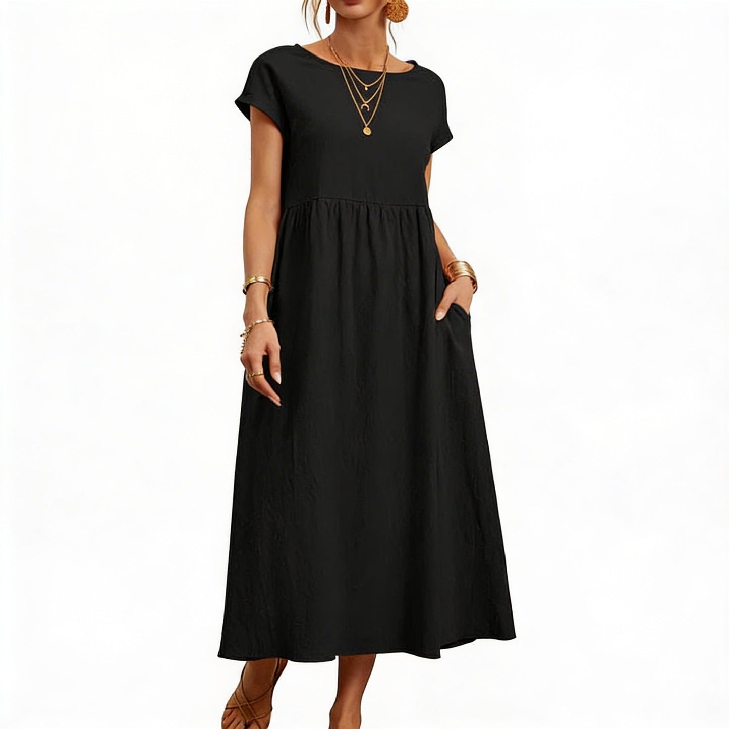 Ladies' Maxi Dress Short Sleeve with Pockets and Round Neck