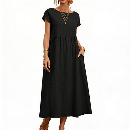 Ladies' Maxi Dress Short Sleeve with Pockets and Round Neck