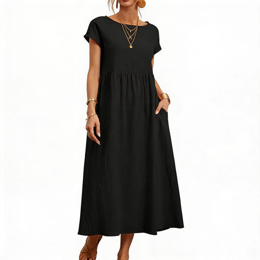 Ladies' Maxi Dress Short Sleeve with Pockets and Round Neck