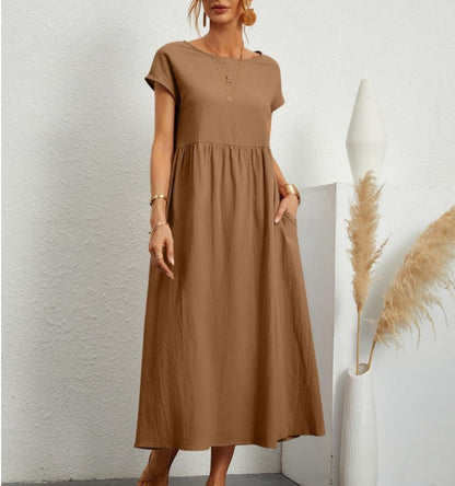 Ladies' Maxi Dress Short Sleeve with Pockets and Round Neck