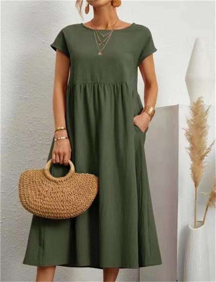 Ladies' Maxi Dress Short Sleeve with Pockets and Round Neck