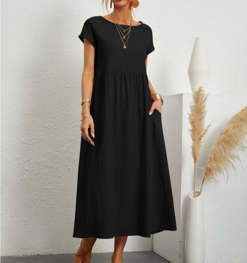 Ladies' Maxi Dress Short Sleeve with Pockets and Round Neck