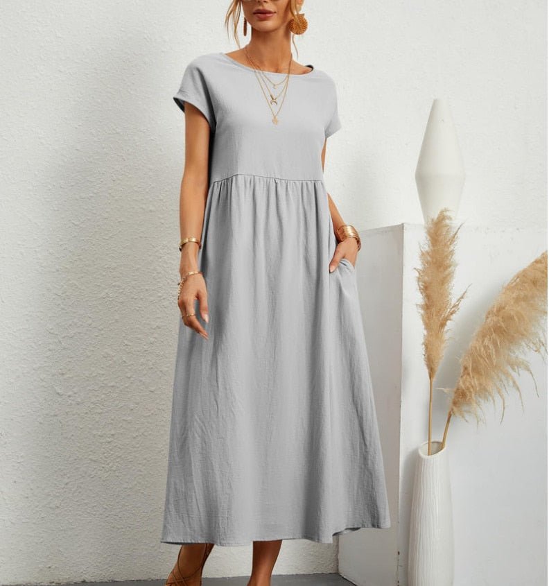 Ladies' Maxi Dress Short Sleeve with Pockets and Round Neck