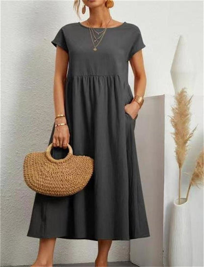 Ladies' Maxi Dress Short Sleeve with Pockets and Round Neck