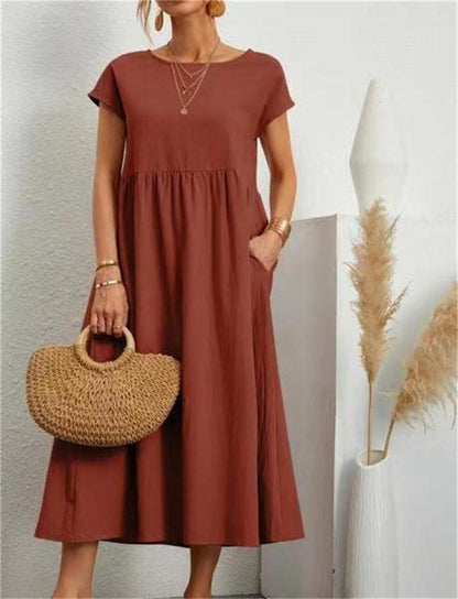 Ladies' Maxi Dress Short Sleeve with Pockets and Round Neck
