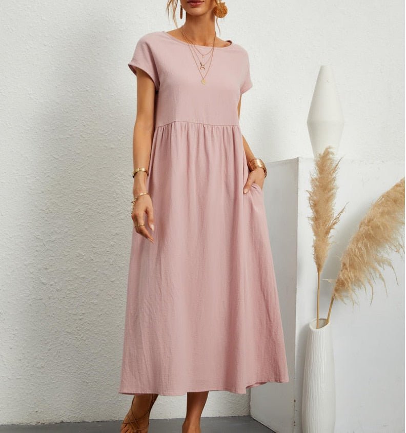 Ladies' Maxi Dress Short Sleeve with Pockets and Round Neck