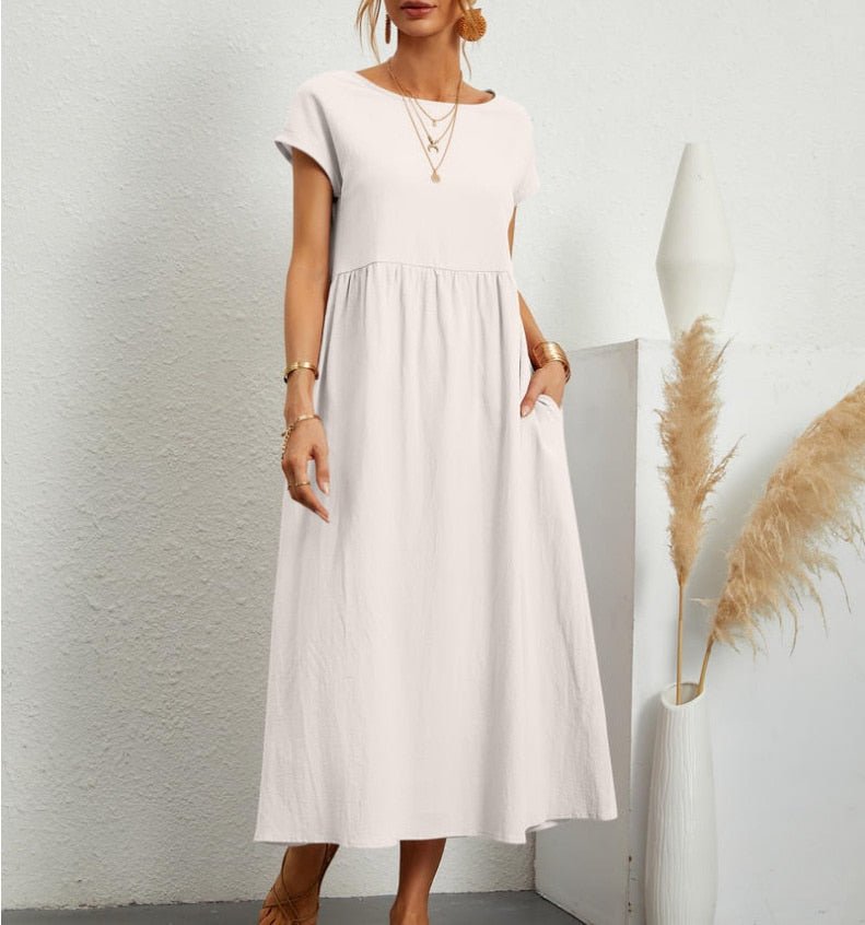 Ladies' Maxi Dress Short Sleeve with Pockets and Round Neck
