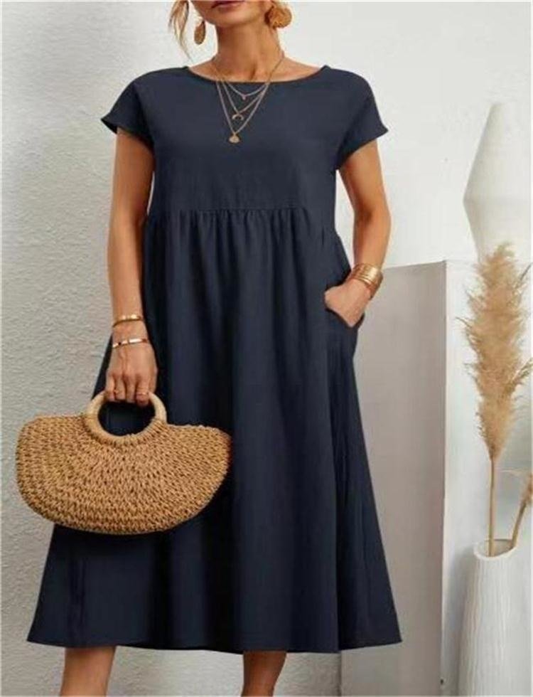 Ladies' Maxi Dress Short Sleeve with Pockets and Round Neck