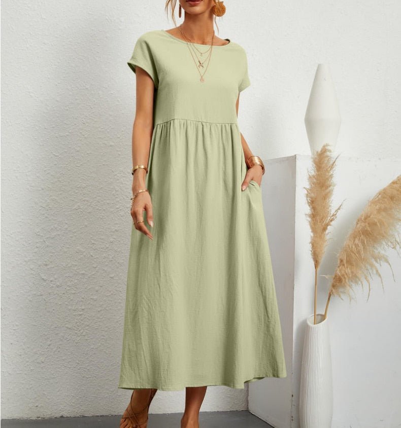 Ladies' Maxi Dress Short Sleeve with Pockets and Round Neck