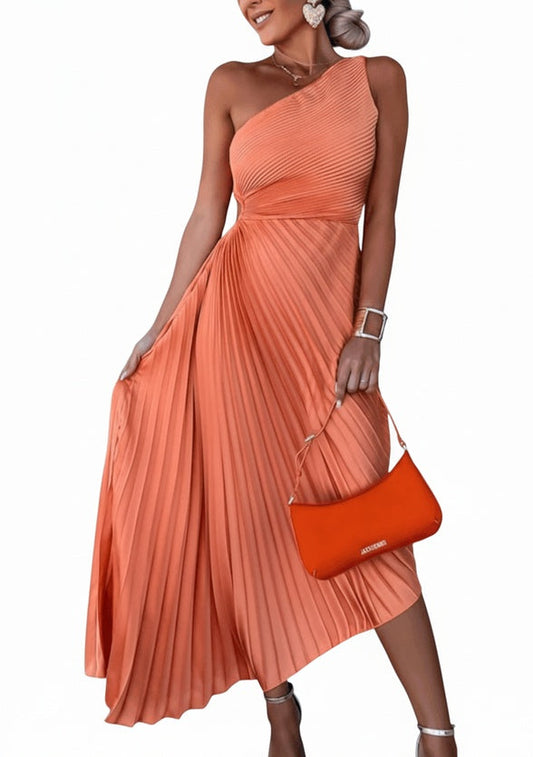 Ladies One Shoulder Maxi Dress with Pleated Skirt