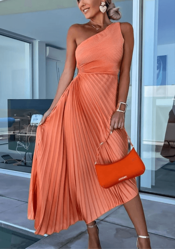 Ladies One Shoulder Maxi Dress with Pleated Skirt