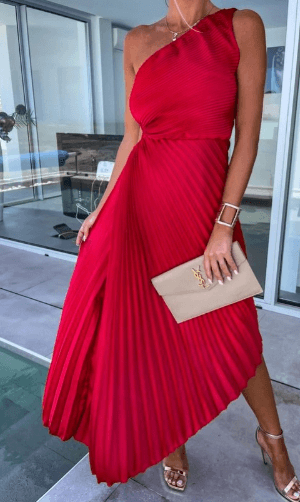 Ladies One Shoulder Maxi Dress with Pleated Skirt