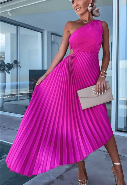 Ladies One Shoulder Maxi Dress with Pleated Skirt